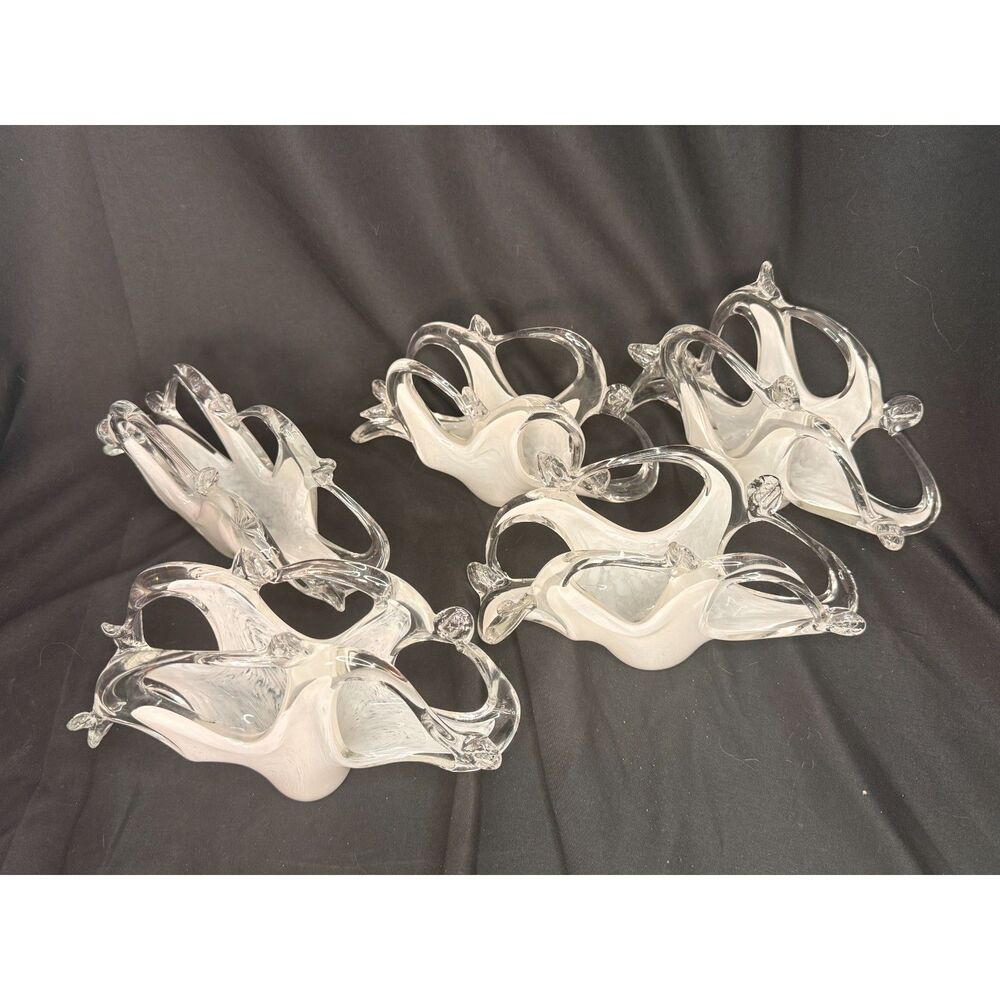 Set 5 Murano Style Art Glass Napkin Holders White Swirl